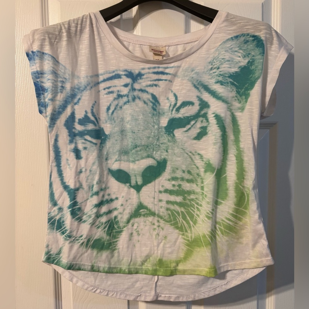 Mossimo Supply Co. White Tee with Green and Blue Tiger Print
